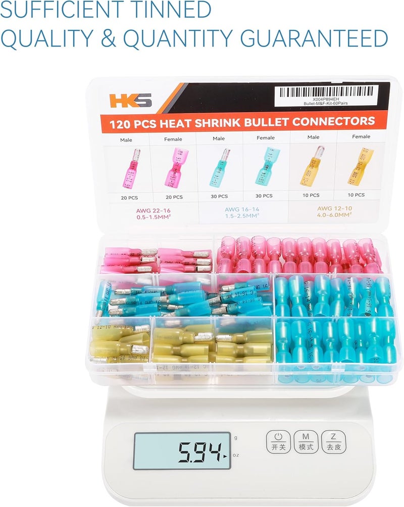 HK-S 120PCS/60 Pairs Heat Shrink Bullet Connectors Kit – 22-10 AWG Male & Female Wire Terminals – Tinned Copper Crimp Connectors – Insulated Waterproof – for Automotive, Marine & Electrical Wiring - Image 2